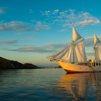 White sailing yacht on water at sunset.