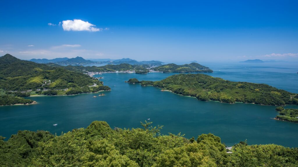 View over Seto Inland Sea and lush islands, Setouchi, Japan